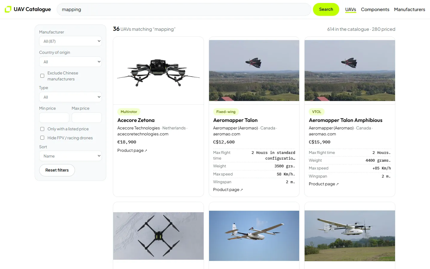 UAV Catalogue search results for mapping drones with specifications and prices