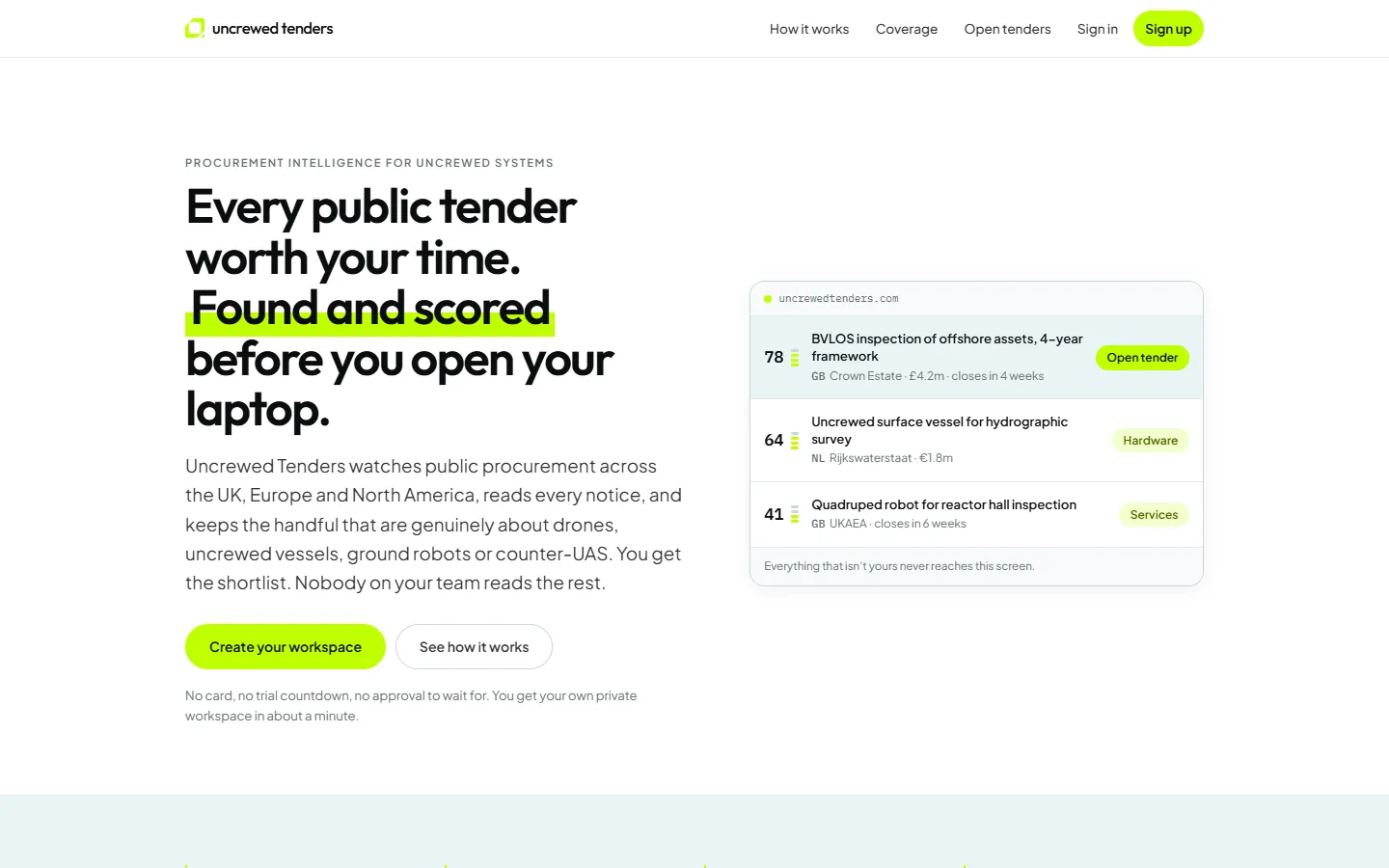 Uncrewed Tenders home page showing a shortlist of scored drone and uncrewed-systems tenders